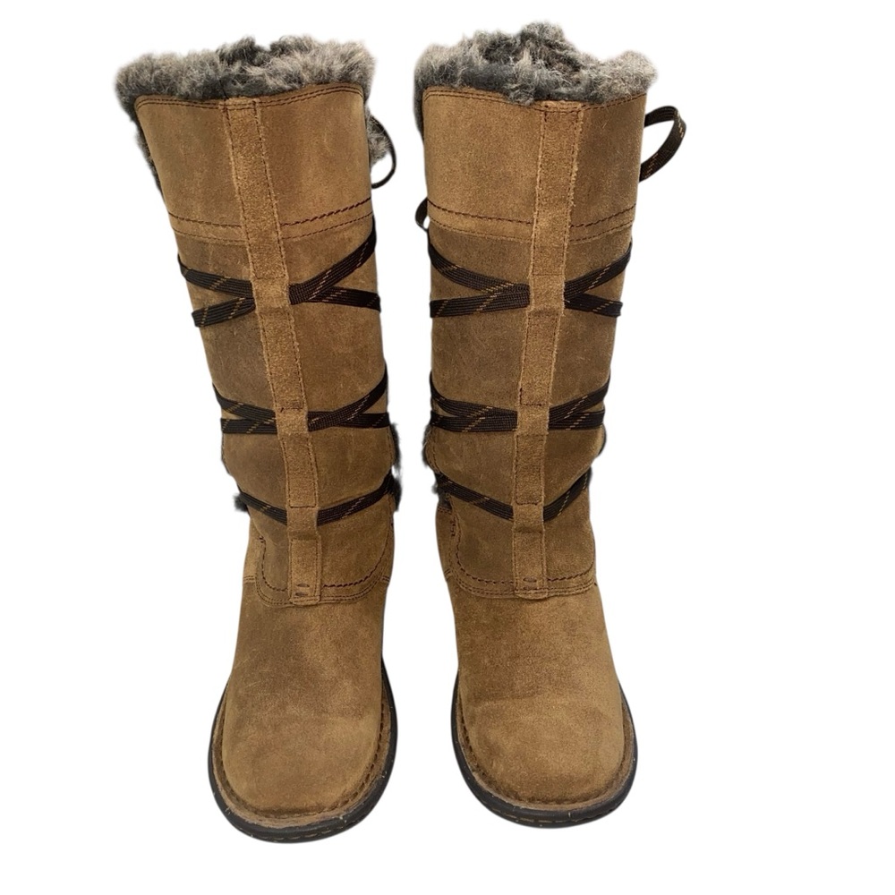 Clarks Avington Hayes Cognac Suede Lace-up Faux Fur boot Size 6.5 Winter Boho
